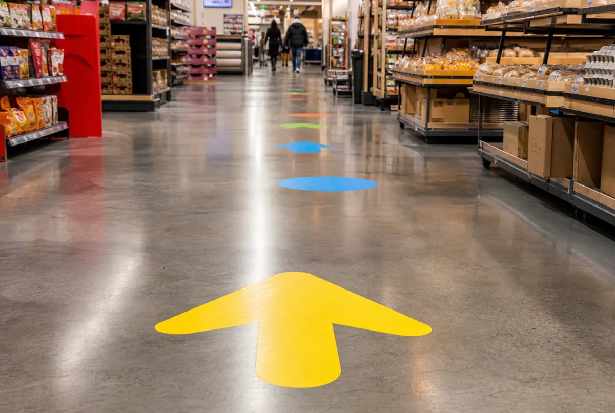 Arrow-shaped floor stickers in a shop aisle