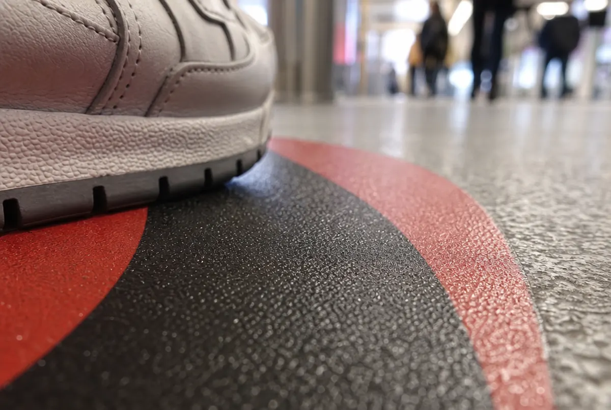 Texture of the anti-slip laminate on a floor sticker under a shoe