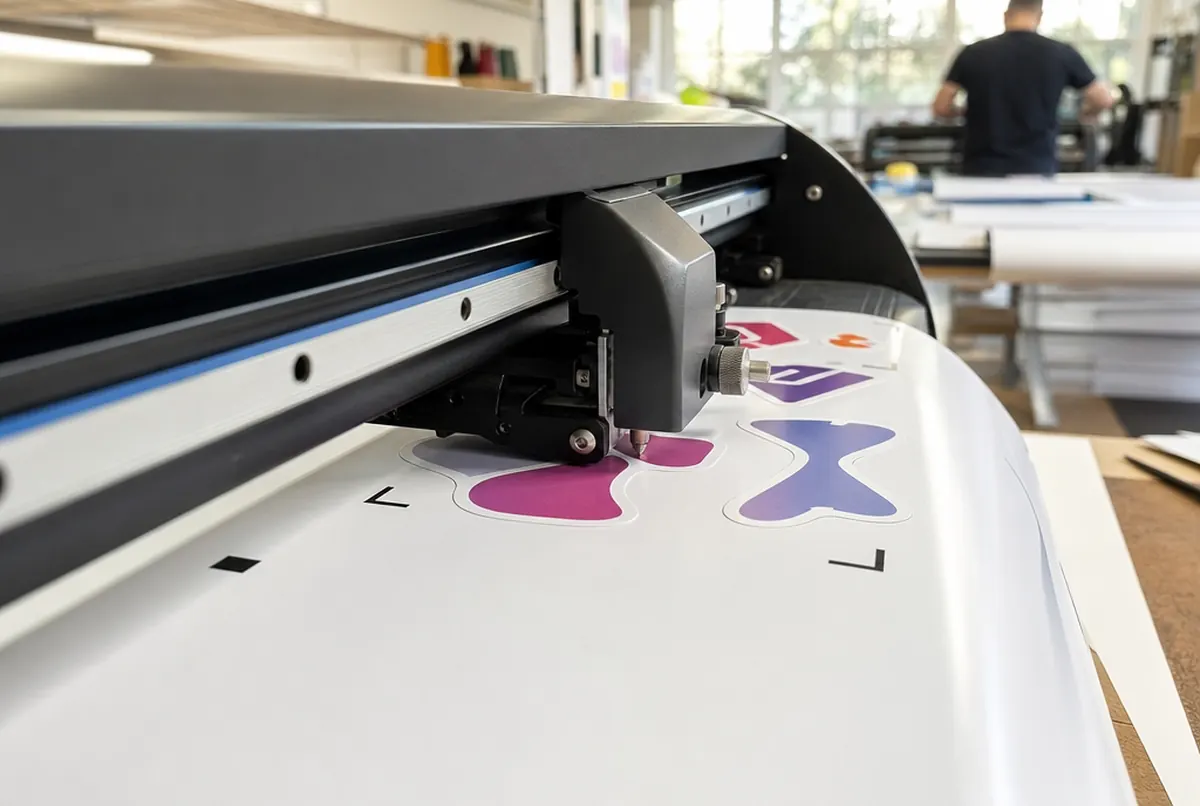 Schneideplotter schneidet Aufkleberkonturen auf einem Folienbogen