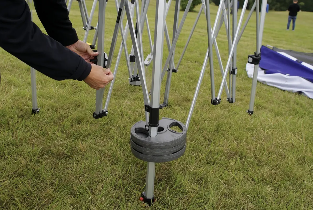 Hands opening a gazebo scissor frame with leg weights