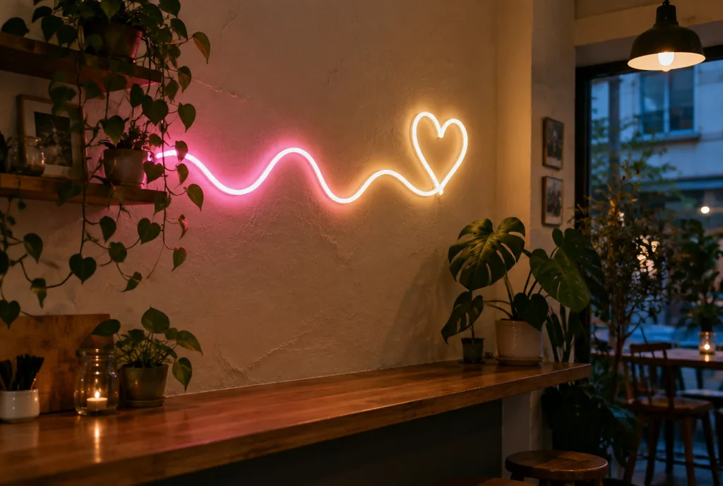 Café-Wand am Abend mit rosa und warmweißem LED-Neon in Wellen- und Herzform, Pflanzen und Holztheke