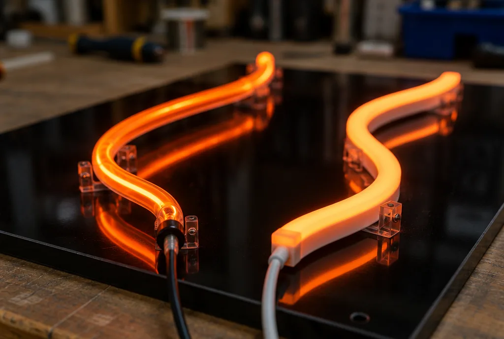 Vergleich eines orange leuchtenden Glasneonrohrs und eines Silikon-LED-Neons auf einer dunklen Platte