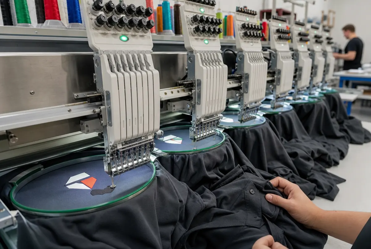 Stickmaschine stickt ein Zeichen auf ein Poloshirt, Nahaufnahme