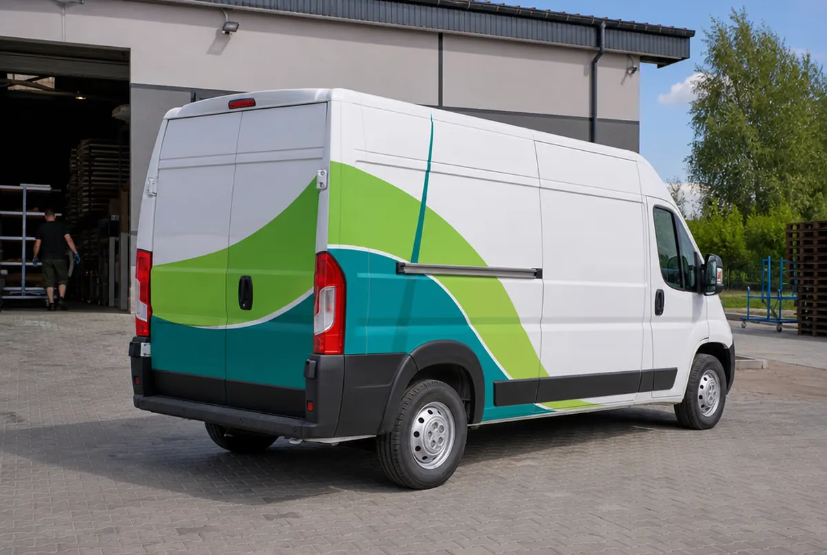 White company van with a partial wrap parked outside business premises