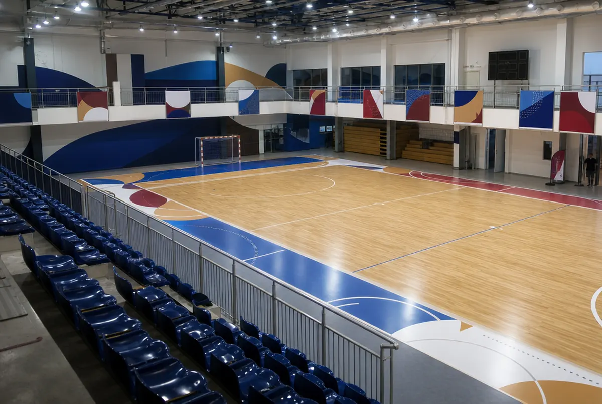 Sports hall with graphics on the walls and stands