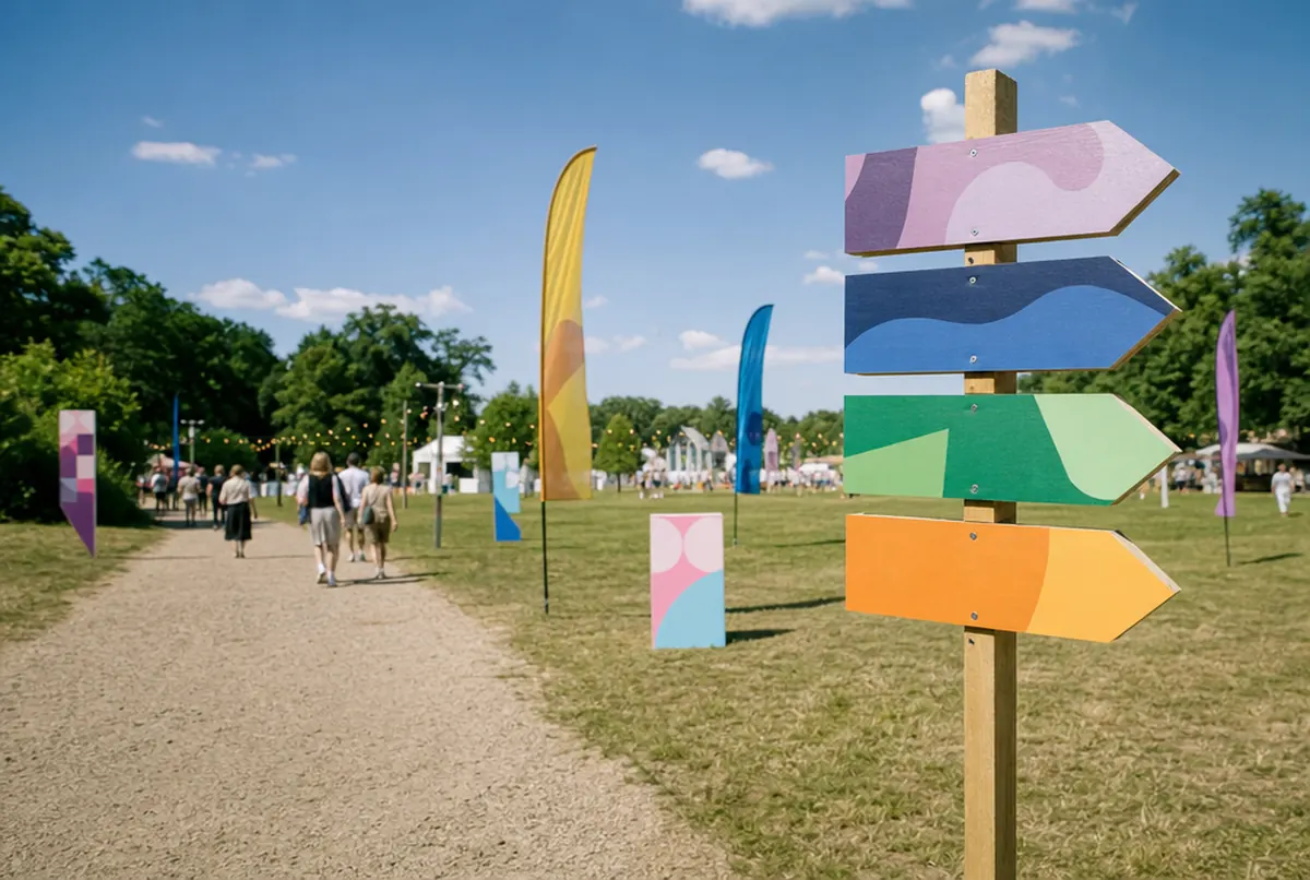 Directional signs and flags at an outdoor event in a park