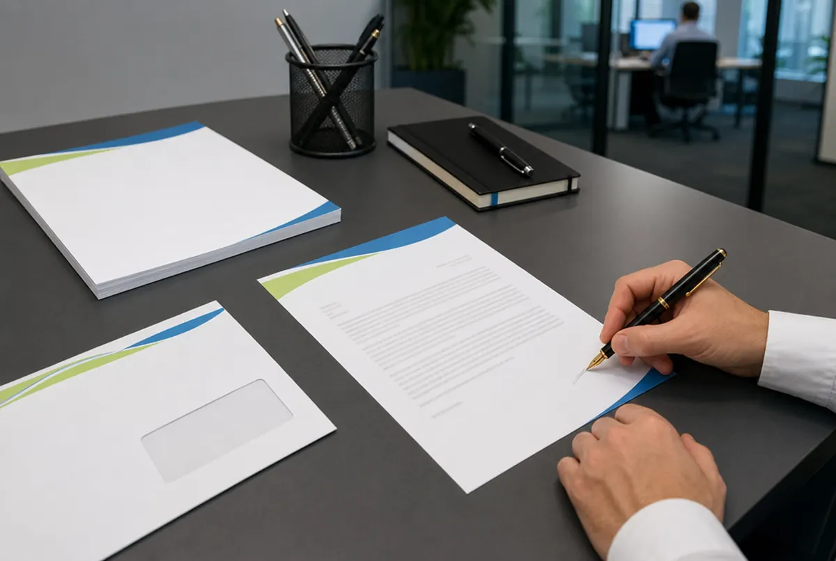 Briefpapier mit Umschlag und eine Hand, die ein Dokument unterschreibt
