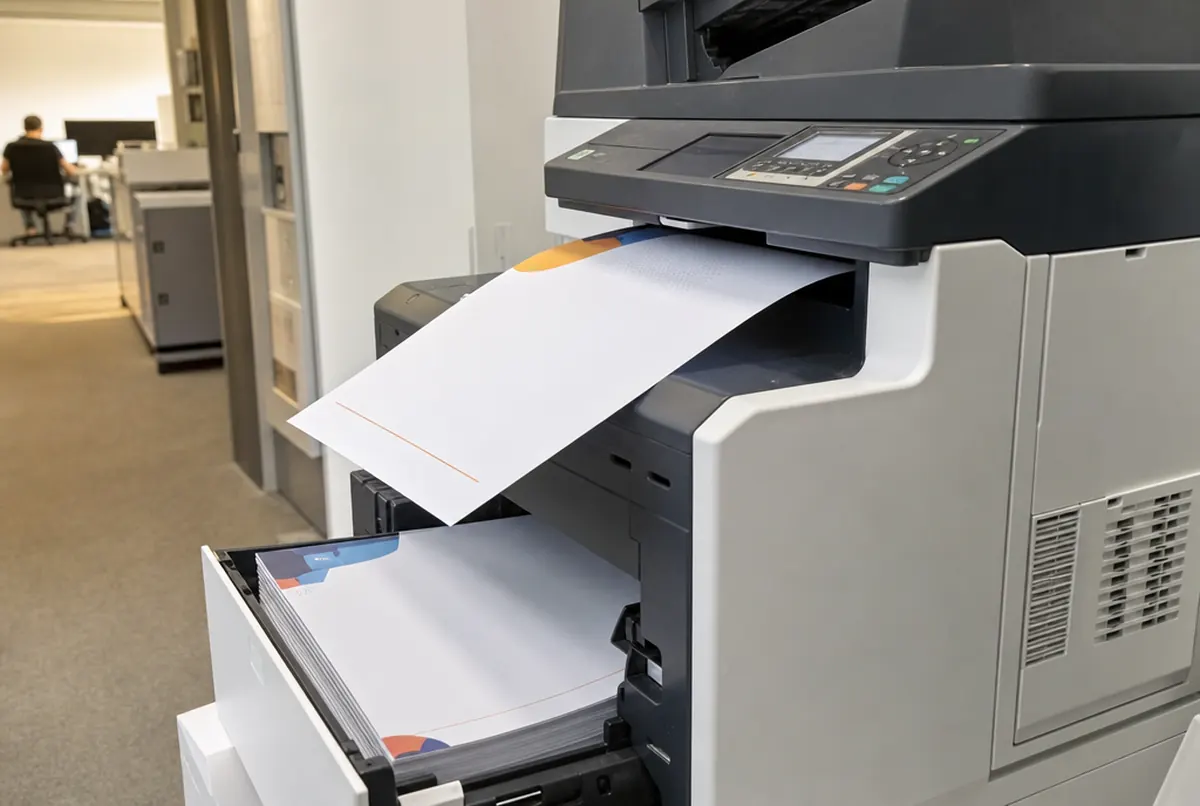 Bürodrucker druckt Text auf bedrucktes Briefpapier