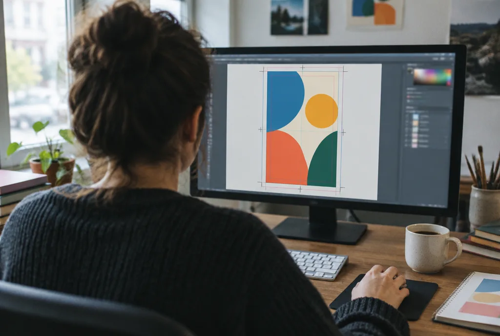 Designer at a monitor preparing a print design with visible bleed and crop marks, face not visible
