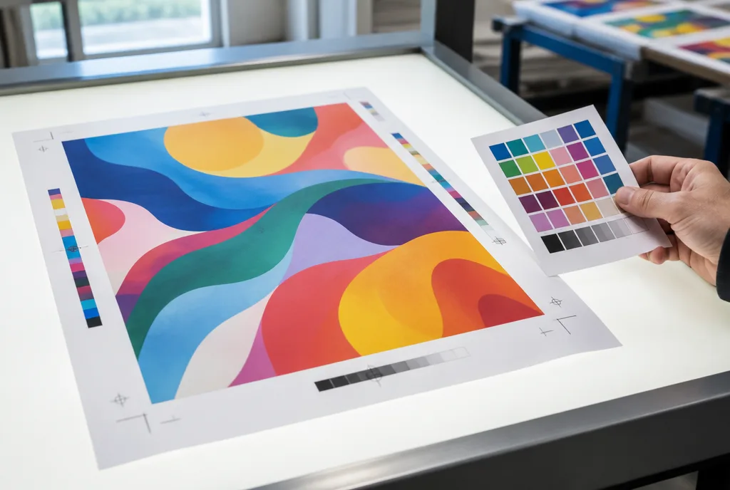 Proof sheet with crop marks and colour bars on a print shop table, a hand holding a proof print alongside