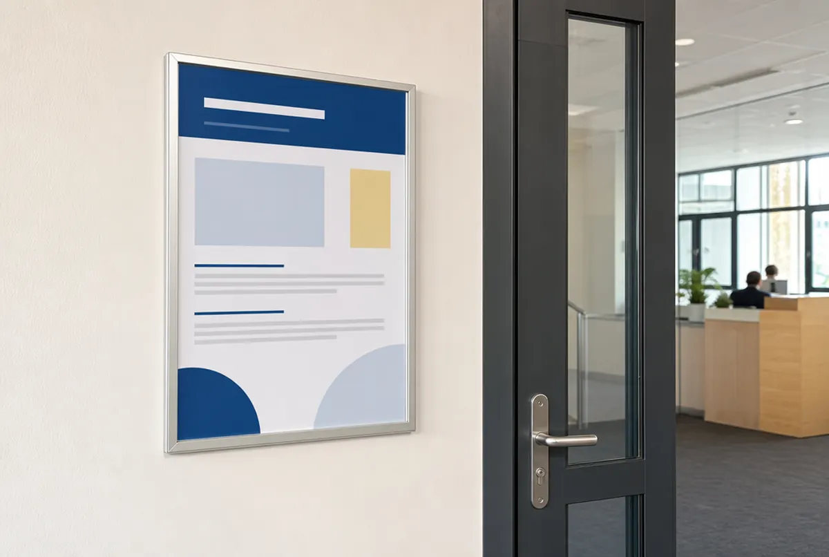 Framed A3 poster next to the entrance door of a company office