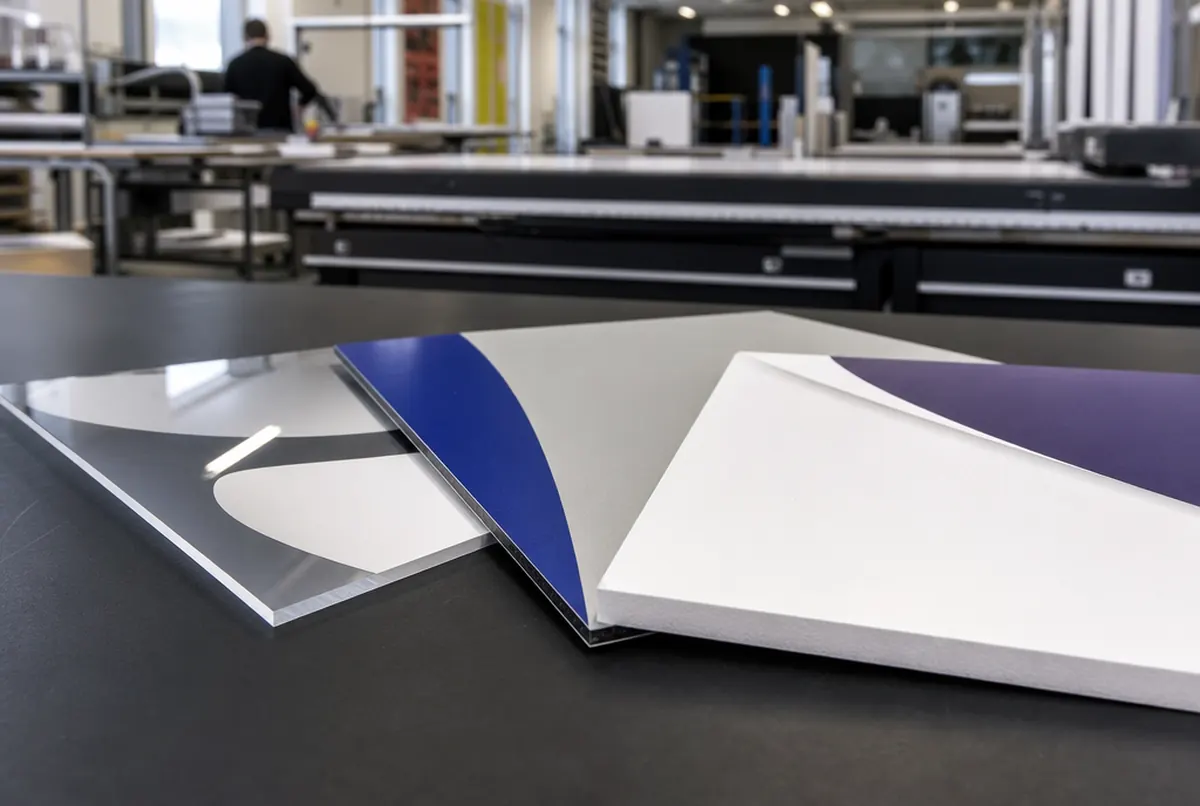 Échantillons de plexi, de dibond et de PVC expansé avec leurs chants visibles