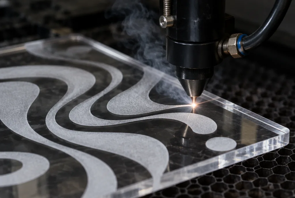 Laser CO2 gravant un motif blanc mat dans du plexiglas coulé transparent, tête laser et légère fumée visibles