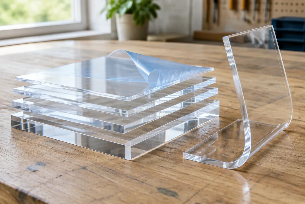 Échantillons de plexiglas transparent de différentes épaisseurs aux chants polis et plaque pliée à chaud