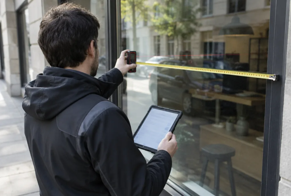 A technician seen from behind measuring a shop window with a laser distance meter and a tape, a tablet with a form in the other hand