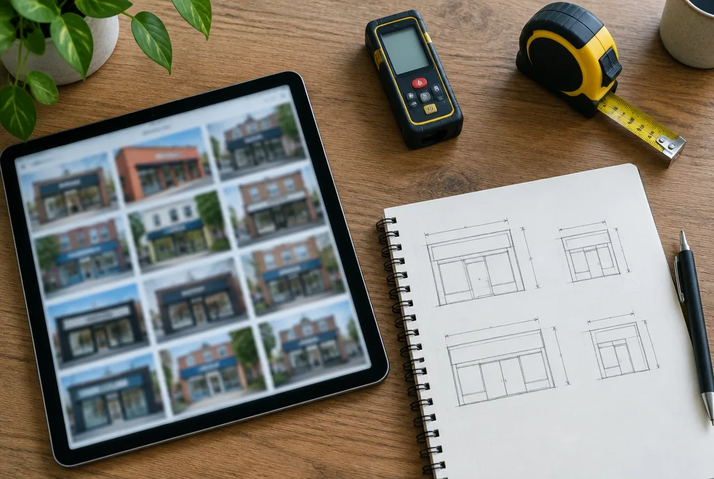 Desk with a tablet showing a grid of shop window photos, a laser distance meter, a tape measure and a notebook with dimension sketches