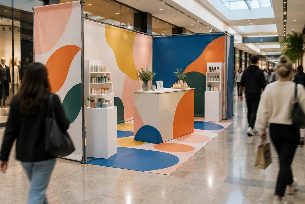 Pop-up-Store im Einkaufszentrum aus SEG-Textilrahmen, mit Promotiontheke, Displays und Bodengrafik