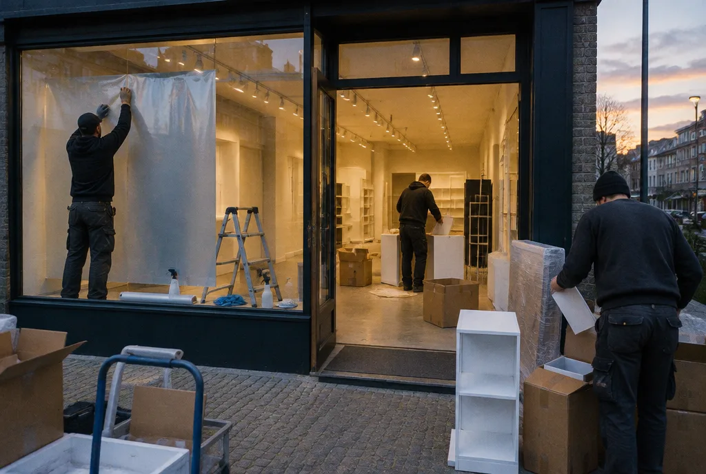 Leeres Ladenlokal wird zum temporären Geschäft, Mitarbeiter von hinten bekleben das Schaufenster und packen Displays aus