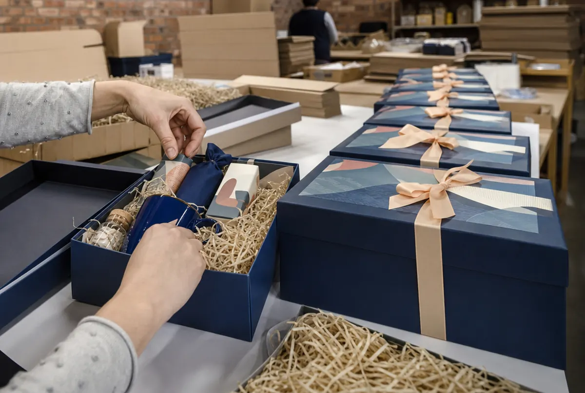 Hands assembling gift sets in boxes
