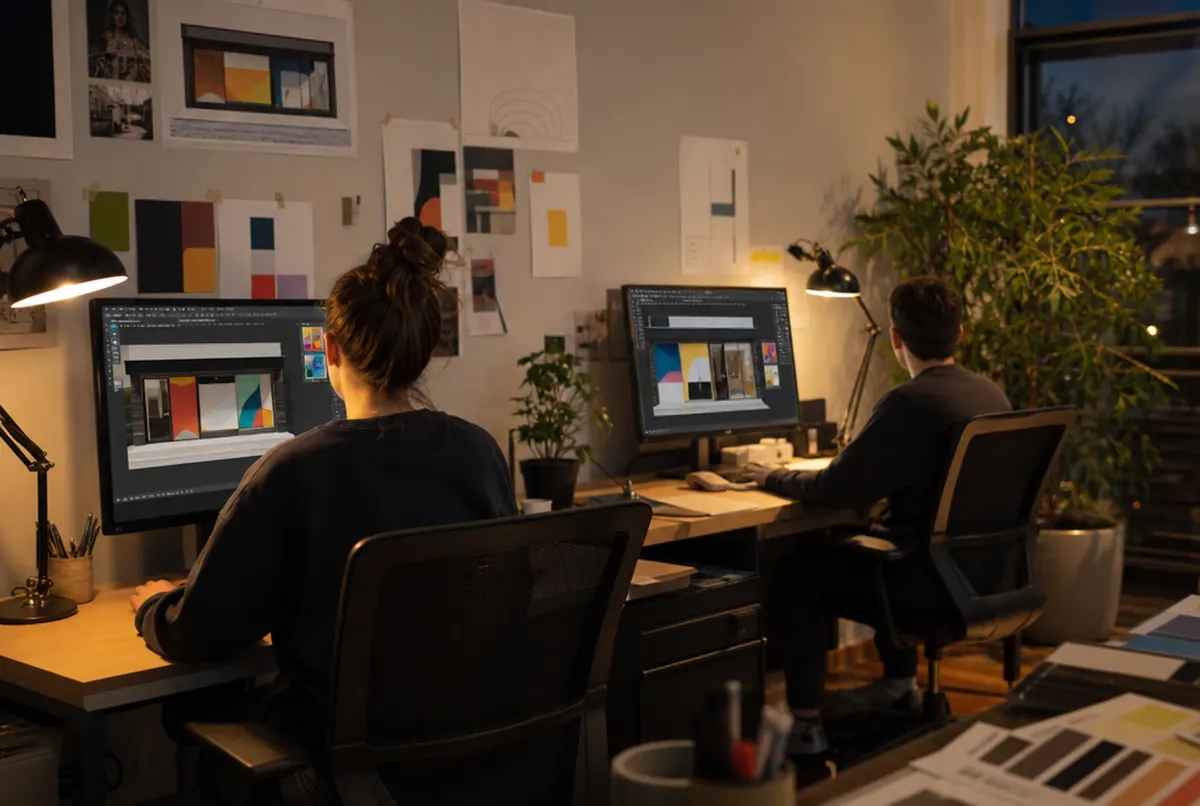Designers at monitors working on a shop window visualisation