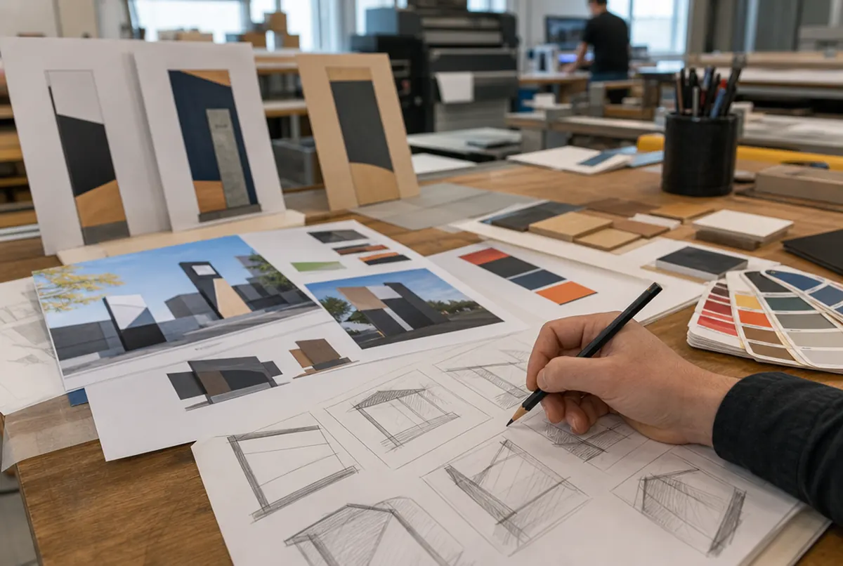 Shop sign sketches and colour samples on a designer's desk