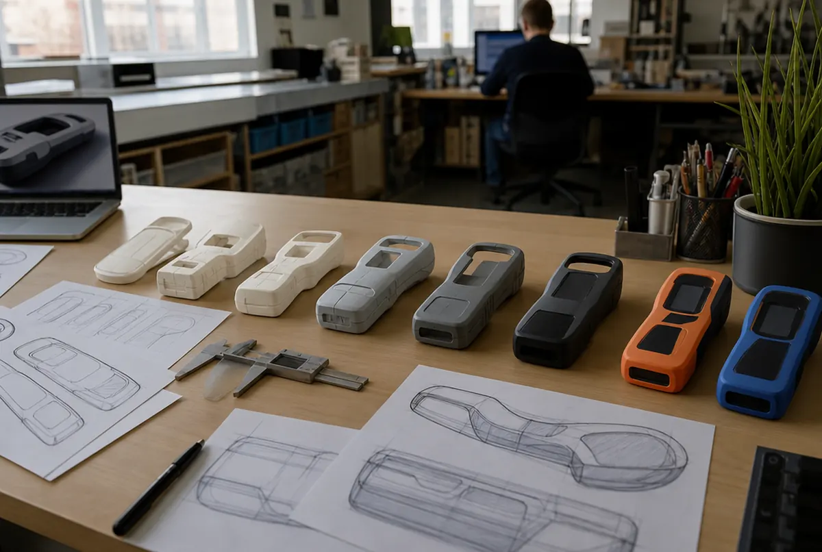 Versions successives d’un prototype de boîtier imprimé en 3D sur un bureau
