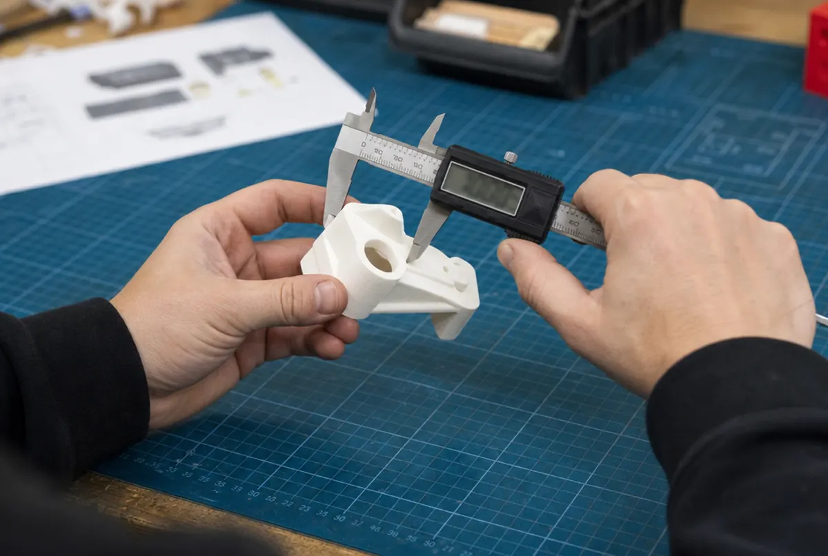 Des mains mesurent un prototype au pied à coulisse numérique