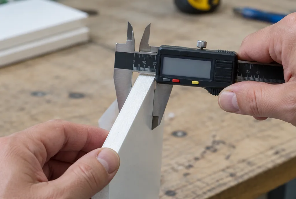 Un calibro digitale misura lo spessore di un pannello in PVC bianco, si vedono le mani e il banco di lavoro