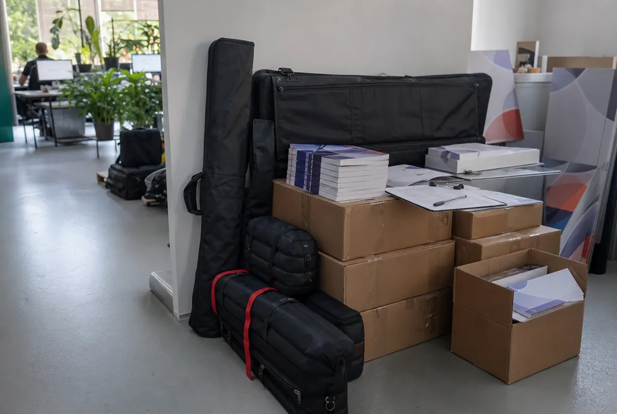 Packed trade show materials: roll-ups, flyers and bags with a display wall