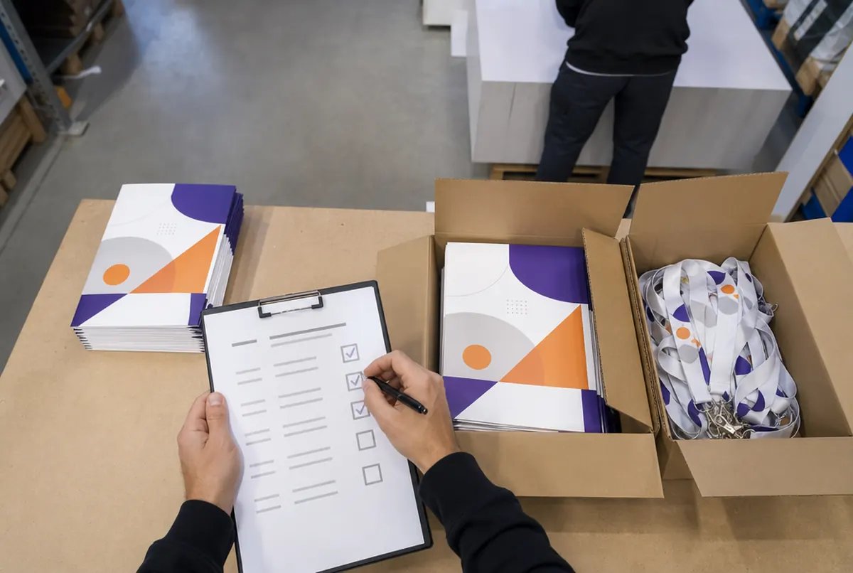 Hands ticking off a checklist next to boxes of print for a trade show