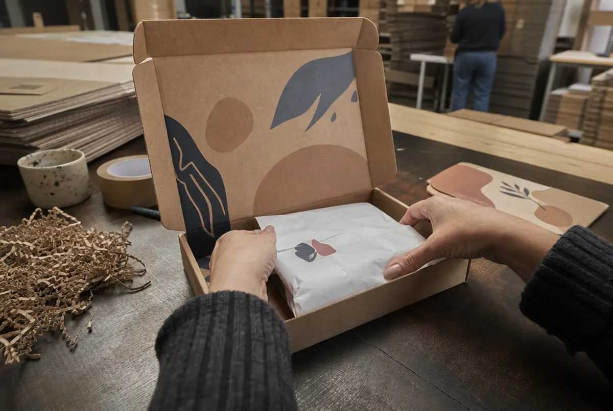 Hands packing a product into a printed shipping box