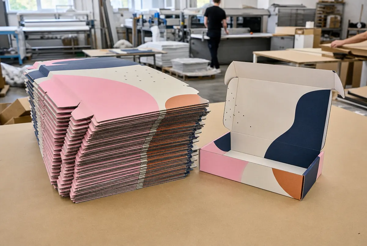 A stack of flat printed boxes with one assembled