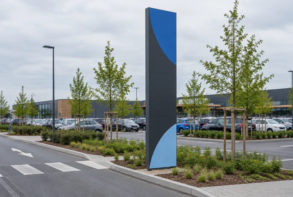 Pylon pubblicitario slanciato in dibond all'ingresso del parcheggio di un parco commerciale, pannelli con grafica astratta