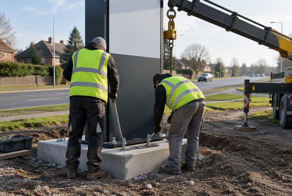 Montaggio di un pylon pubblicitario sui tirafondi del plinto in calcestruzzo, due installatori in gilet ad alta visibilità di spalle