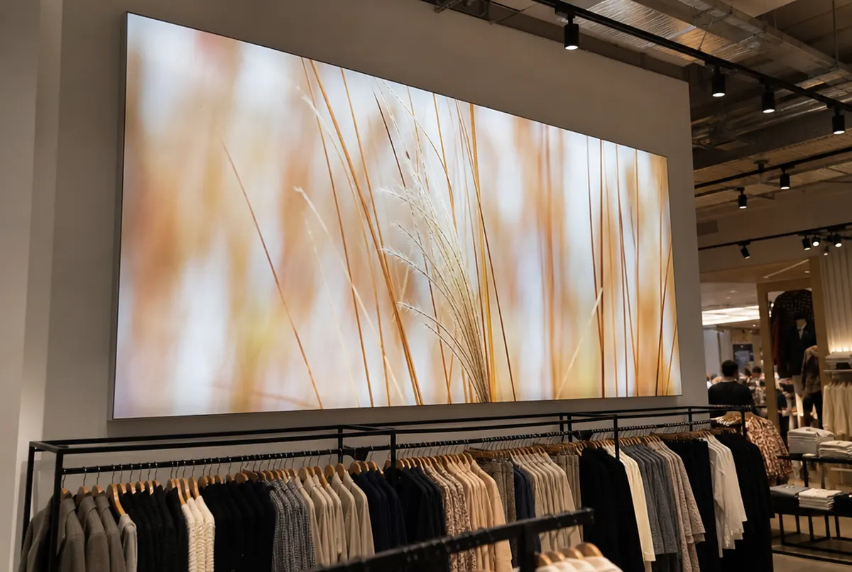 Backlit SEG fabric frame on the wall of a clothing store