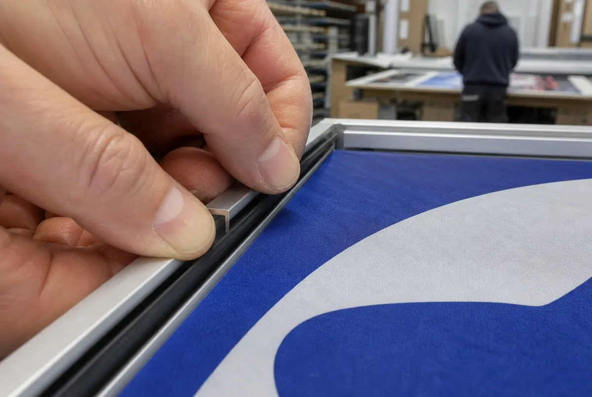 Hands pushing the silicone edge of a fabric graphic into the groove of an SEG frame