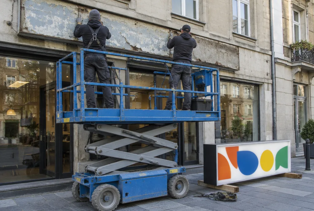 Monteure auf einer Hubarbeitsbühne nehmen ein altes Firmenschild von der Fassade ab, ein neuer Leuchtkasten mit abstrakter Grafik wartet am Boden
