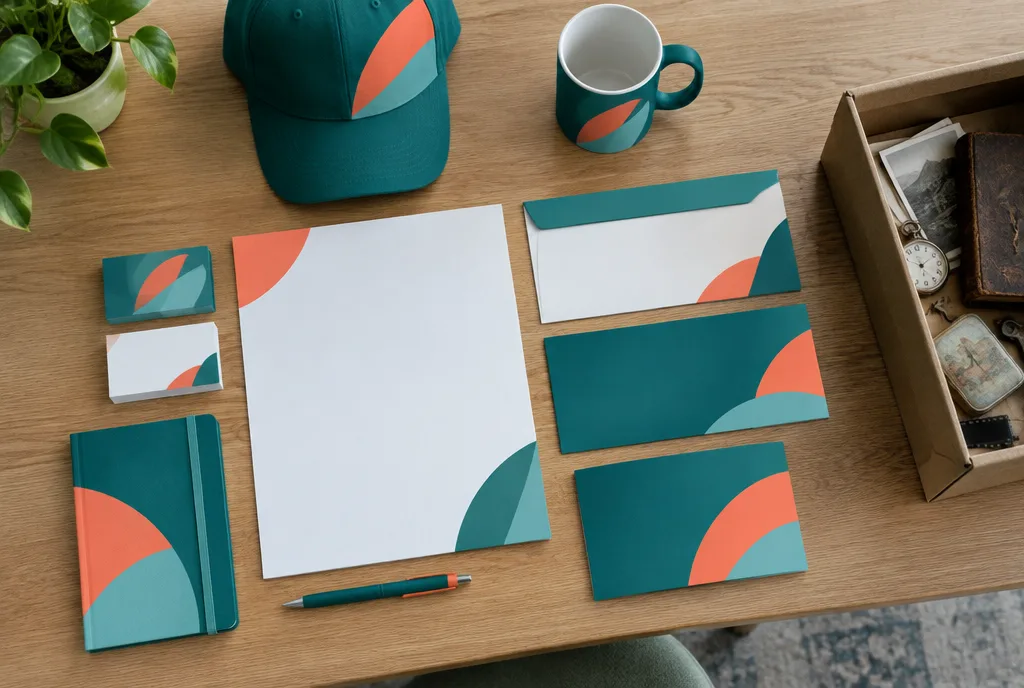 Neue Geschäftsdrucksachen, Visitenkarten, Umschläge, Kappe und Tasse in einheitlichen Farben auf einem Tisch, daneben ein Karton mit alten