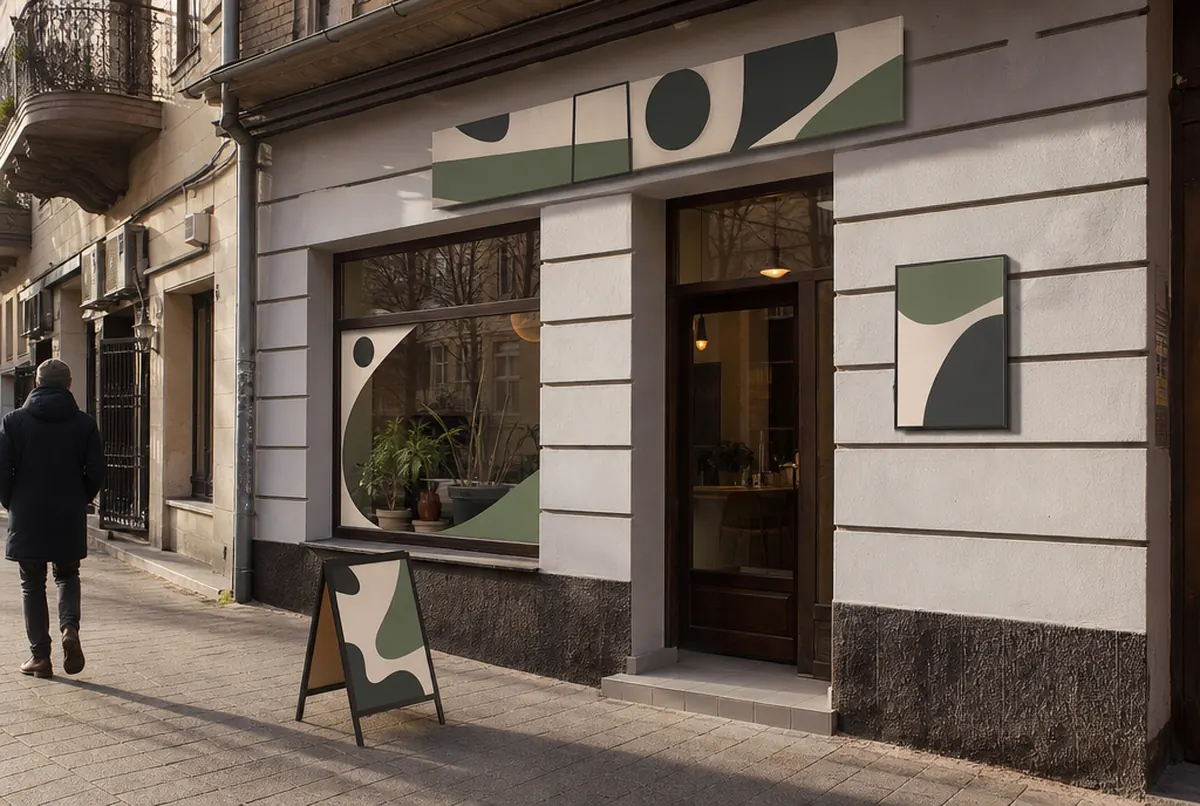 Neu eröffnetes Café mit Schild, beschriftetem Schaufenster und Kundenstopper