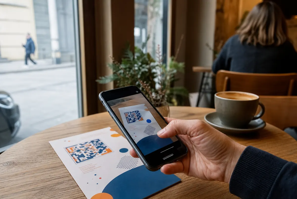 Eine Hand scannt mit dem Smartphone den Code auf einem Flyer am Tisch