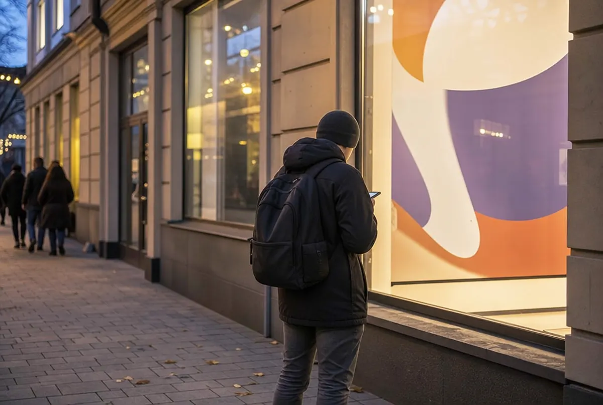 Passant mit Smartphone vor einem Schaufenster mit Plakat