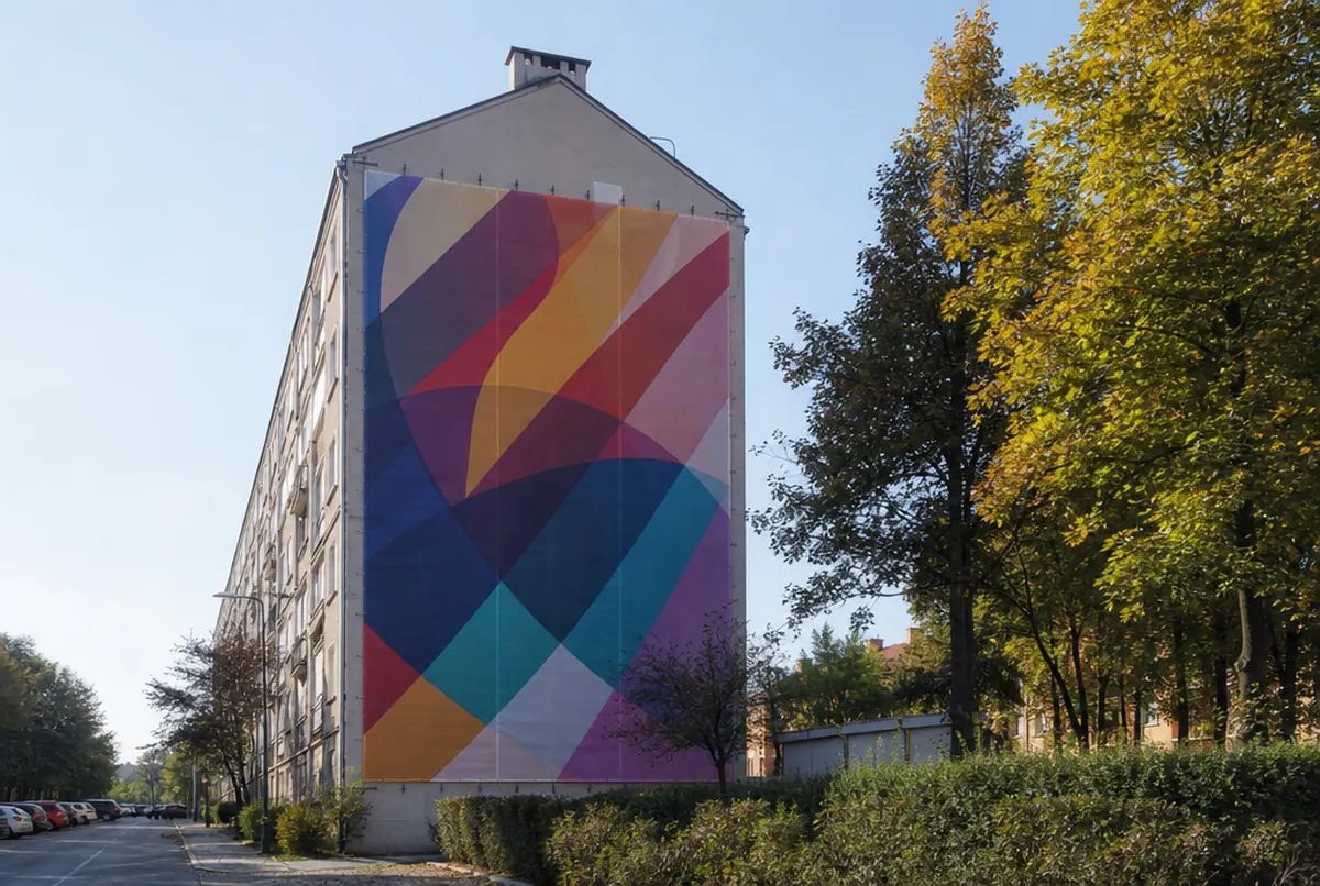 Large format mesh on the gable wall of an apartment block
