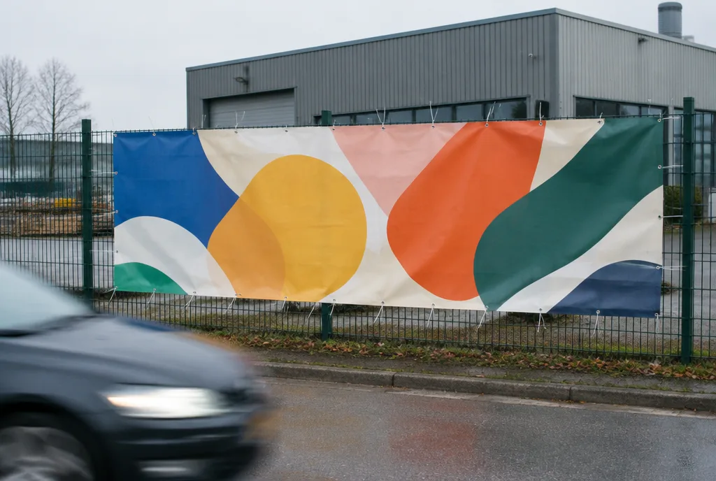 Recruitment banner with colourful graphics hung on the fence of a production hall, a passing car out of focus