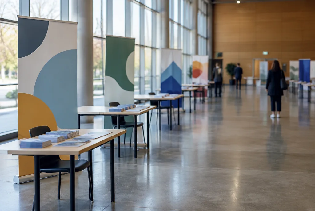 Job fair hall with several roller banners with abstract graphics and tables with stacks of leaflets before opening