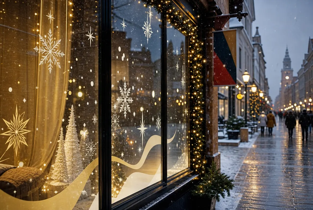 Weihnachtliches Schaufenster mit Grafik und Lichterketten am Abend