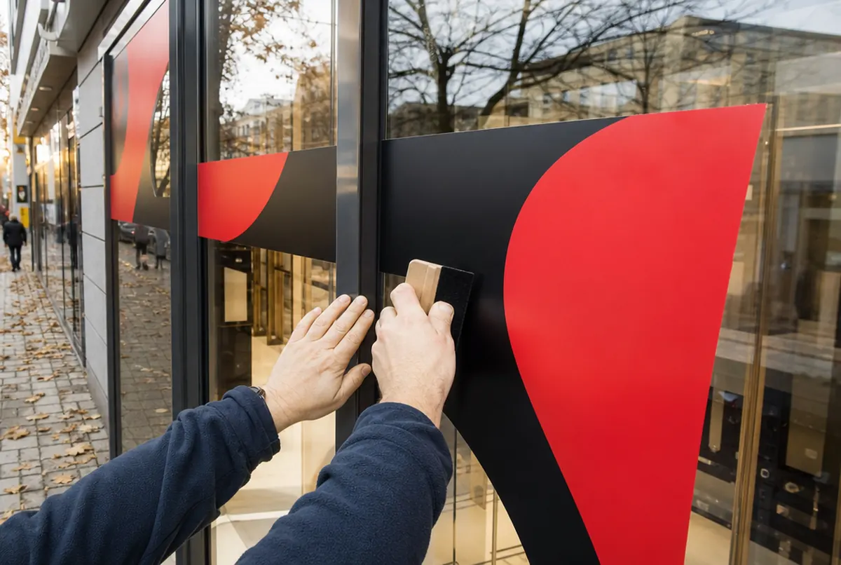 Hände kleben große Sale-Aufkleber auf ein Schaufenster