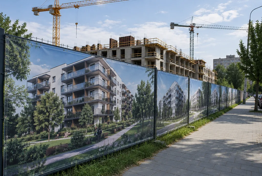 Palissade de chantier d’une résidence avec de longues bâches montrant la perspective des nouveaux immeubles, grues en arrière-plan