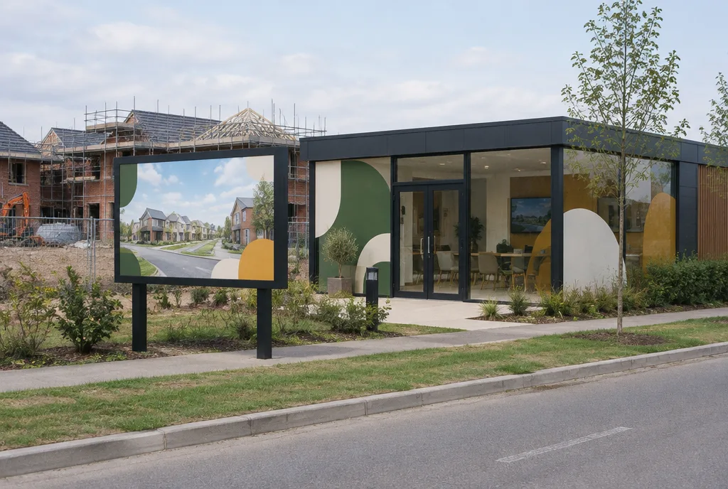 Pavillon de bureau de vente près d’un chantier de résidence, vitres habillées et panneau de commercialisation en bord de route