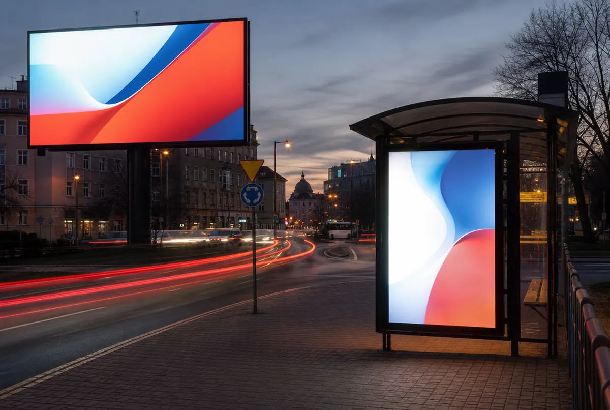 A billboard and a citylight by a roundabout in the evening traffic