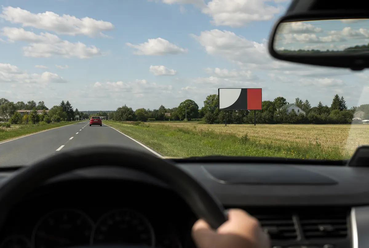 A view from a car of a roadside billboard